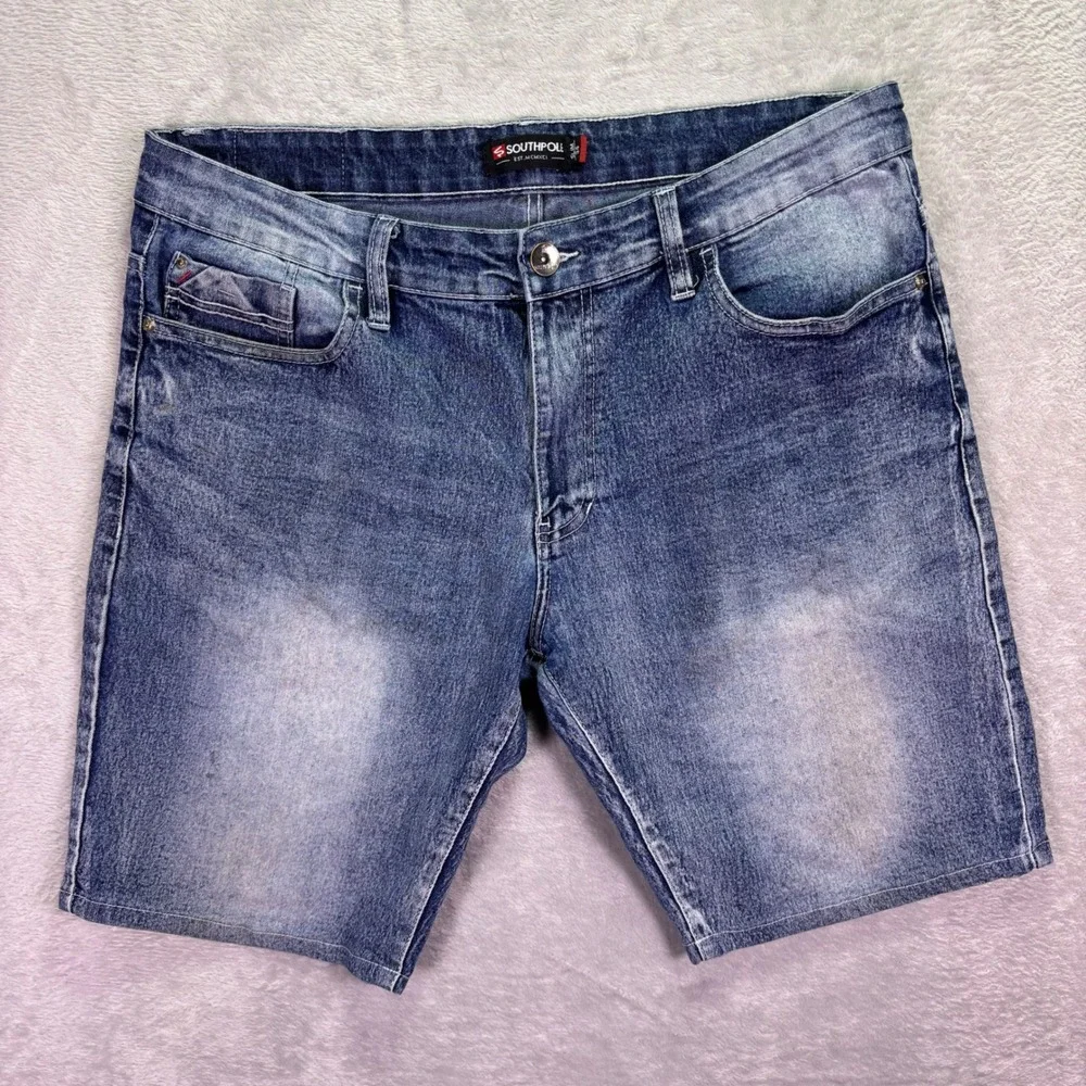 Southpole Mens Slim Denim Shorts Sz 34 Blue Faded Stretch Streetwear Urban